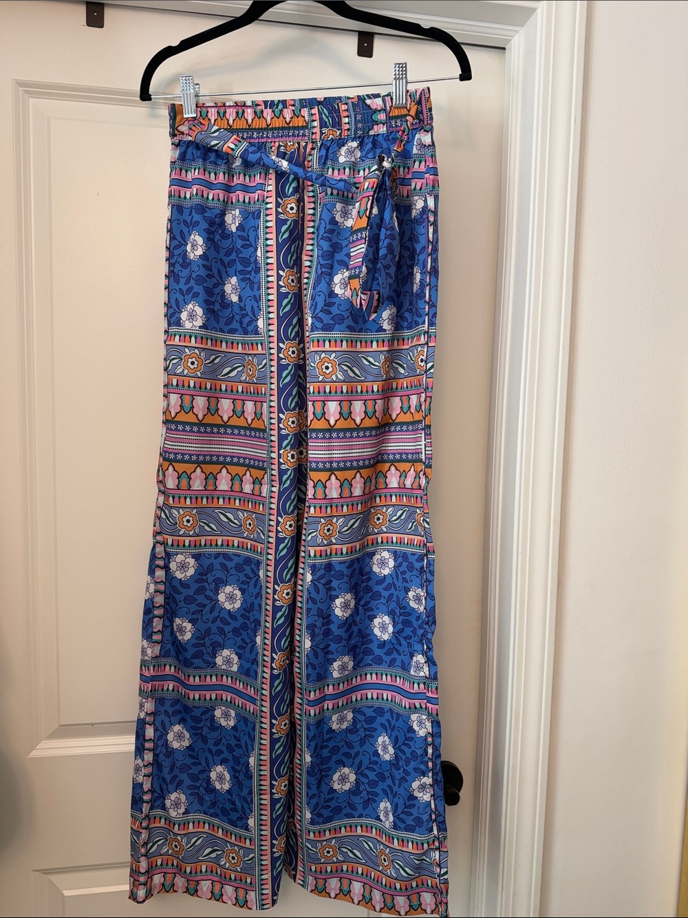 Rachel Zoe Boho Blue Floral Wide Leg Pant with Tie Waist